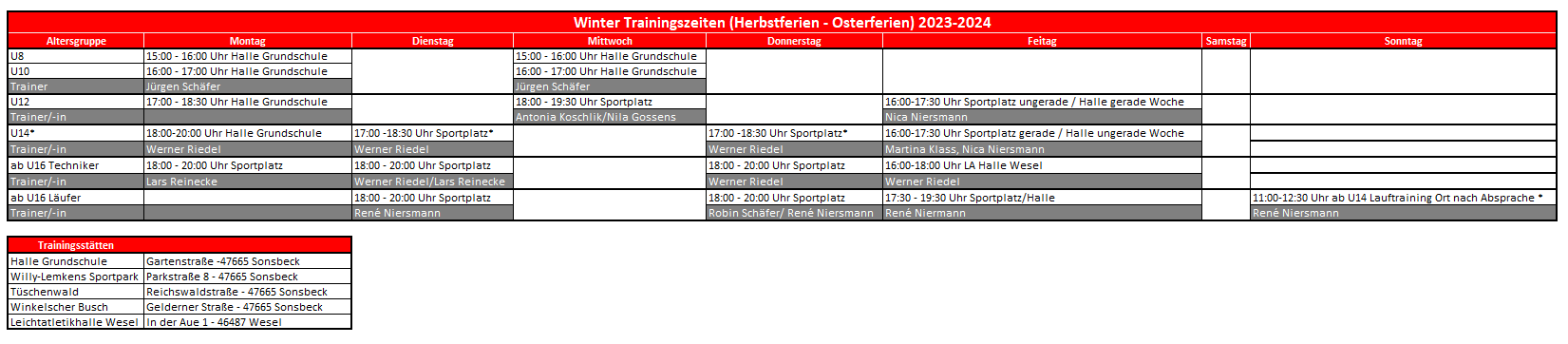 Trainingszeiten 2023-2024